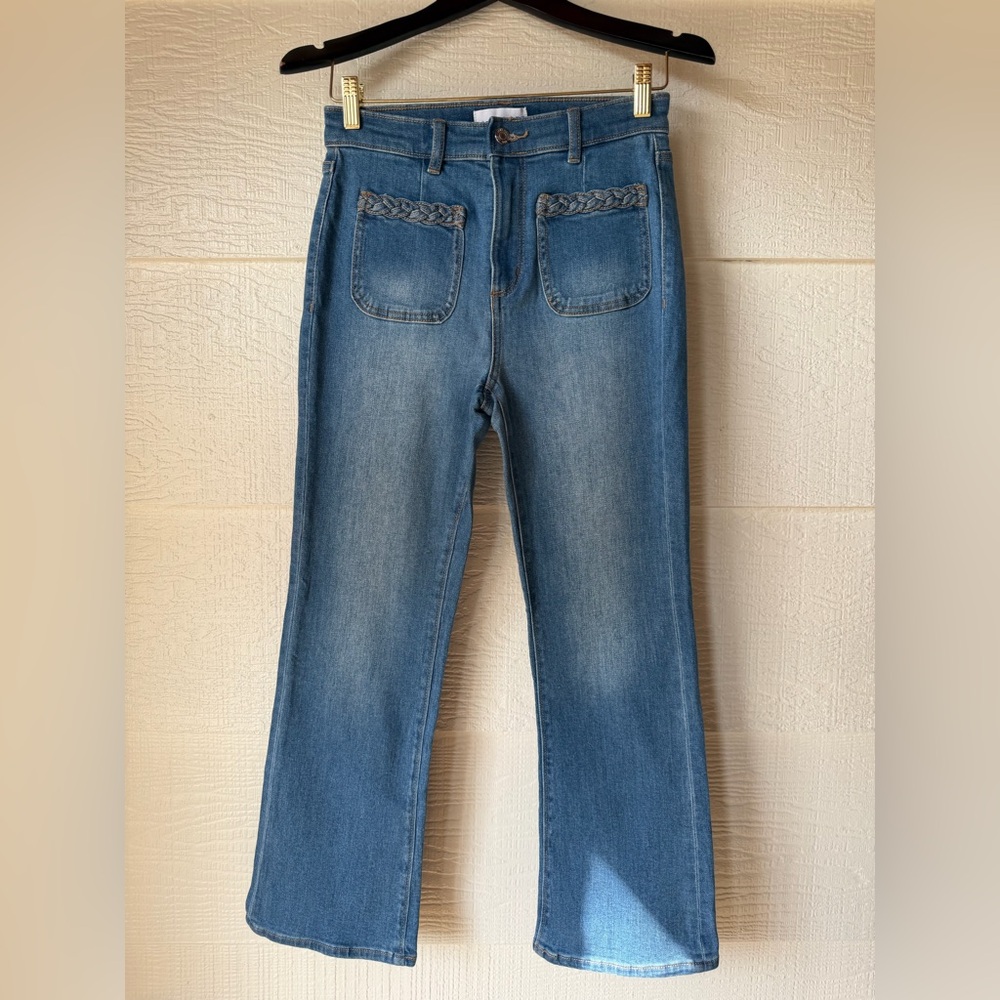 LOFT The Kick Crop High Rise Jeans Size 25 Blue Braided Pocket Stretch Denim